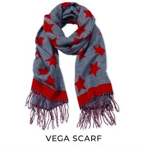 Cabi Vega Black & Red Houndstooth Star Fringe-Trim Scarf OS